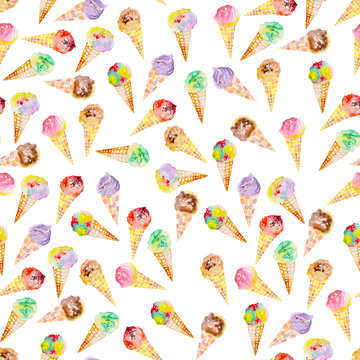 Seamless pattern with bright, tasty and appetizing ice cream painted in watercolor on a white background