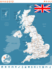 United Kingdom map, flag, navigation labels, roads. Highly detailed vector illustration. 