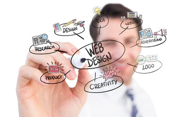 Composite image of smiling businessman writing with black marker
