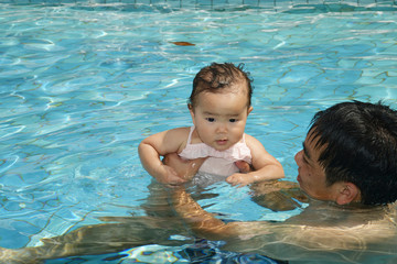 Fototapeta na wymiar プールで遊ぶ赤ちゃんとお父さん