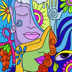 Deurstickers Klassiek abstract Abstract met kleurrijke gezichten