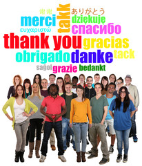 Obraz premium Large multi ethnic group of young people saying thank you in dif