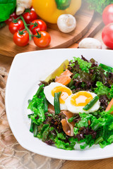 Fresh green salad with salmon and eggs