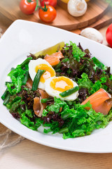 Fresh green salad with salmon and eggs