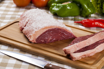 raw steak on wooden board
