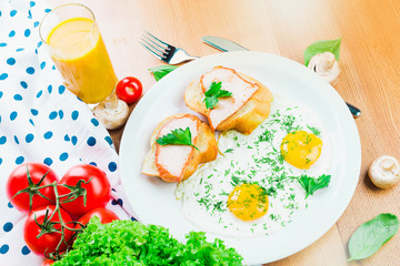 Breakfast. Fried eggs and sandwiches