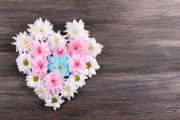 Beautiful flowers in heart shape on wooden background