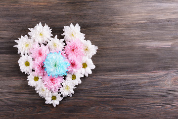 Beautiful flowers in heart shape on wooden background