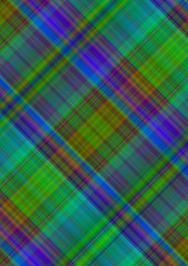 Motley checkered background of intersecting blue, green and red stripes
