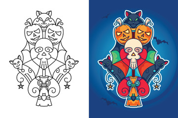 Halloween illustration made from one skull, 3 cats, bat wings, spider, broomstick on the middle, 2 little pentagrams, halloween pumpkins, heart shape behind the skull and a spider web in the middle.