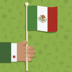 hand holding mexico flag vector on green seamless pattern mexican clipart background with copy space