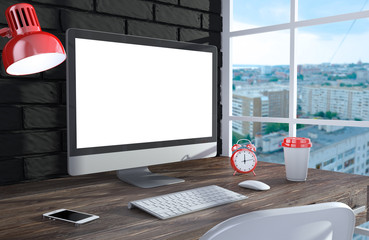 Fototapeta premium 3D illustration PC screen on table in office, Workspace