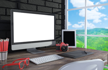 Fototapeta premium 3D illustration PC screen on table in office, Workspace