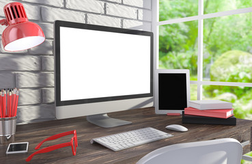Fototapeta premium 3D illustration PC screen on table in office, Workspace