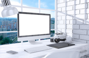 3D illustration PC screen on table in office, Workspace