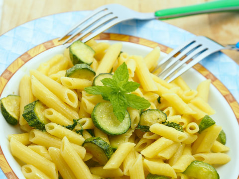 Italian Short Pasta Penne With Zucchini And Mint