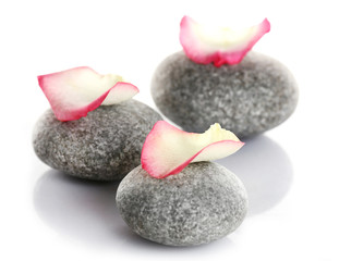 Spa stones with pink petals isolated on white
