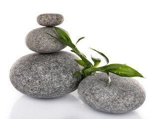 Obraz na płótnie Canvas Stack of spa stones with green leaves isolated on white