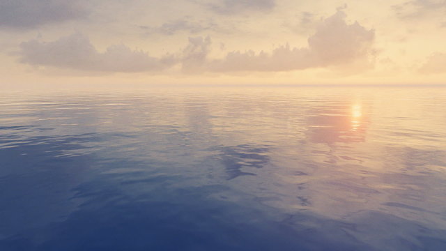 Time lapse of the clouds moving towards camera over mirror wavy surface at sunset