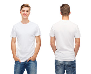 smiling young man in blank white t-shirt
