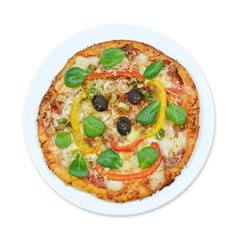 Italian pizza with olives on a plate isolated 