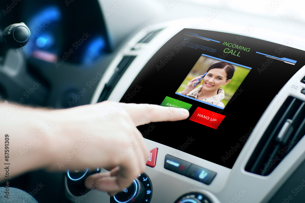 Sticker male hand receiving video call on car panel screen