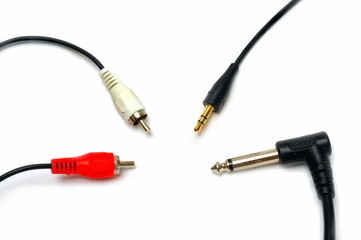 Selection of Common Audio Cables and Connections. Stereo Phono, 3.5mm and Amplifier Leads