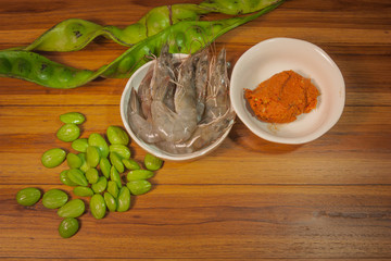 Ingredients to cook food Parkia Speciosa Red Curry shrimp.