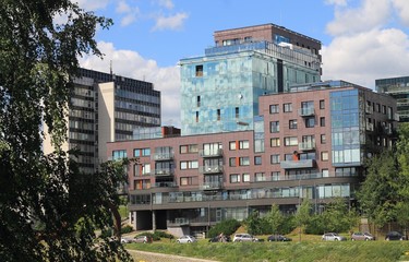 The buildings on the right bank of the Neris