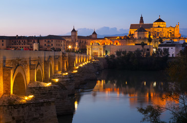 Obraz premium Cathedral of Cordoba and Roman bridge in evening