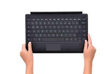 hands holding a keypad isolated white background