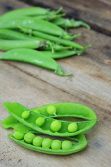 Fresh green soybeans on a wooden vintage