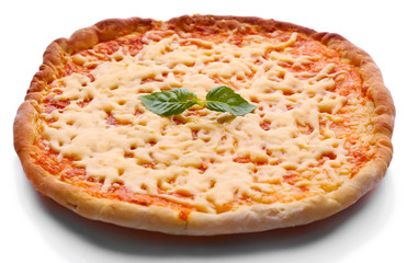 Cheese pizza with basil close up
