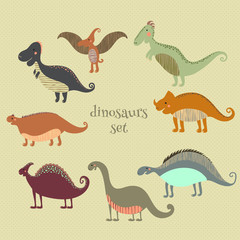 	
Retro poster with set funny dinosaurs in cartoon. Can be used for wallpapers, pattern fills, web page backgrounds,surface textures. - stock vector collection