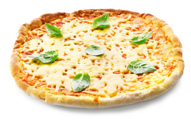 Cheese pizza with basil close up
