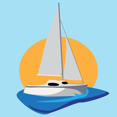 vector illustration of yacht on the sea, with big sun in background.