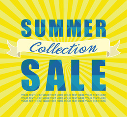 Summer sale collection. Text design against sun radial rays background. Vector illustration.