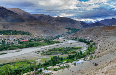 Fototapeta na wymiar Indus river and Kargil City, Leh, Ladakh, Jammu & Kashmir, India
