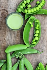 Fresh green soybeans and milk, green tea on wood vintage