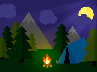 Camping tourism concept with stan and campfire at night, flat vector desing