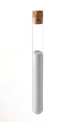 Empty laboratory test tube with cork filled pills, isolated on white