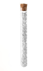 Empty laboratory test tube with cork filled pills, isolated on white