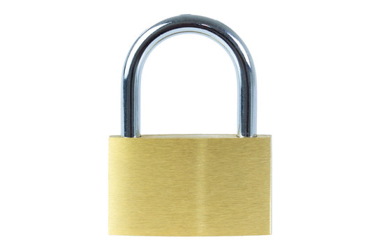 Close-up of a locked padlock, viewed from front, isolated on white background