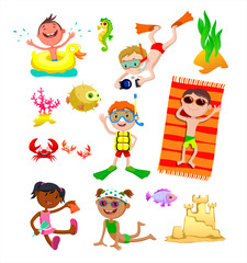 Set of children, children on a beach, children play at the sea, sunbathe at the sea, sea tour