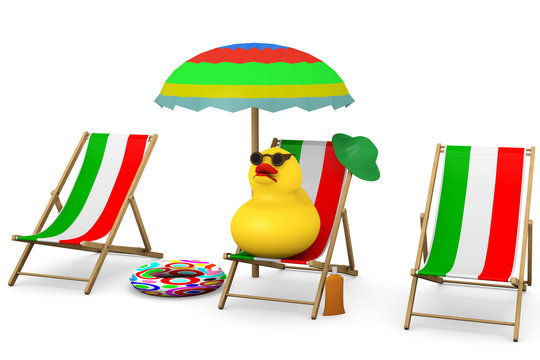 Squeaker duck sitting in the wooden deck chair