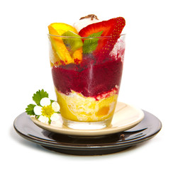 Mixed ice cream with fruits isolated .