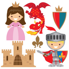 Medieval knight,princess and dragon vector illustration