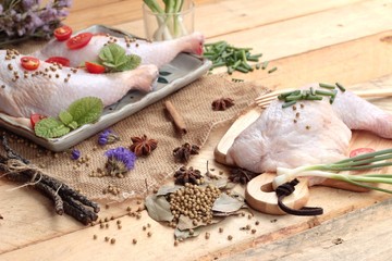 Fresh chicken and tomatoes with spices for cooking