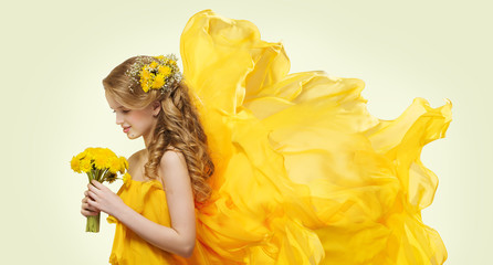 Young Girl Portrait Yellow Flowers Dandelion Bouquet, Fashion