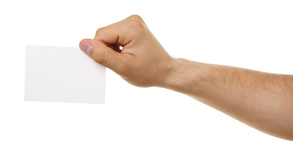 Obraz premium Male hand holding paper card isolated on white